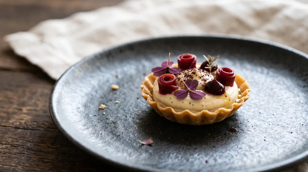 Raffiniertes Amuse-Bouche Tartelette mit essbaren Blüten