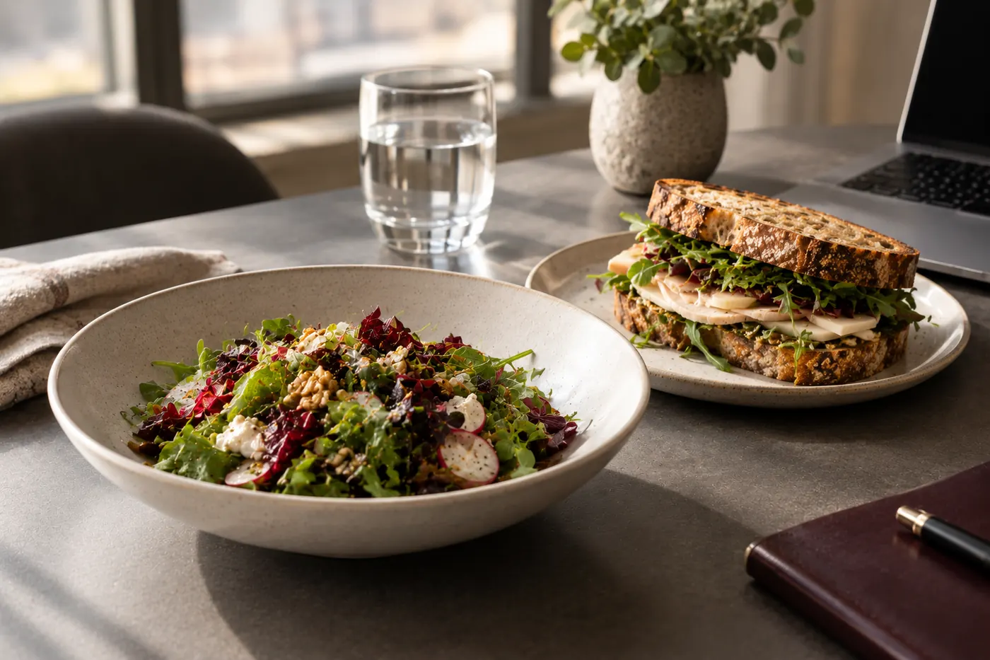 Business-Lunch-Setting mit frischem Salat und Sandwich im modernen Büro