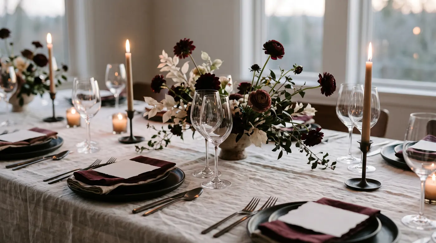 Elegantes Dinner-Setting mit Kristallgläsern, Kerzenlicht und dezenten Blumen
