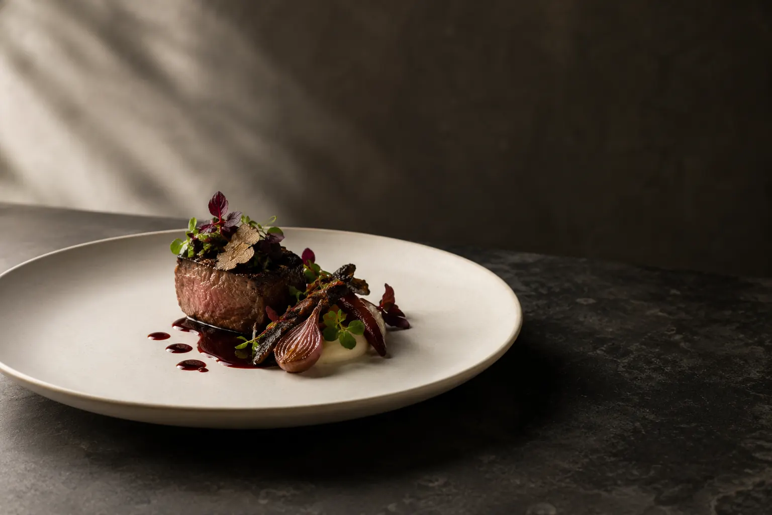Exklusives Catering-Gericht mit Rotweinjus und Kräutern, editorial fotografiert – Catering Hamburg
