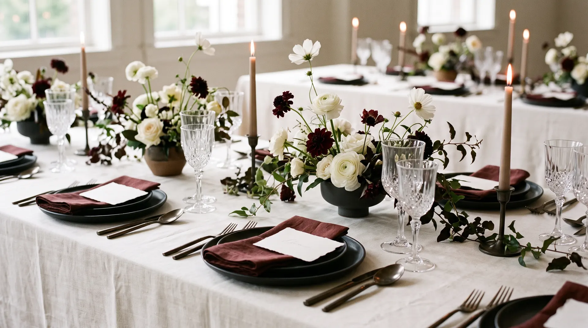 Elegant gedeckte Hochzeitstafel mit Kristallgläsern und dezenten Blumenarrangements