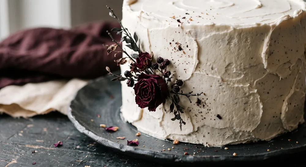 Texturierte Hochzeitstorte mit Buttercreme, Wabi-Sabi-Ästhetik und Trockenblumen