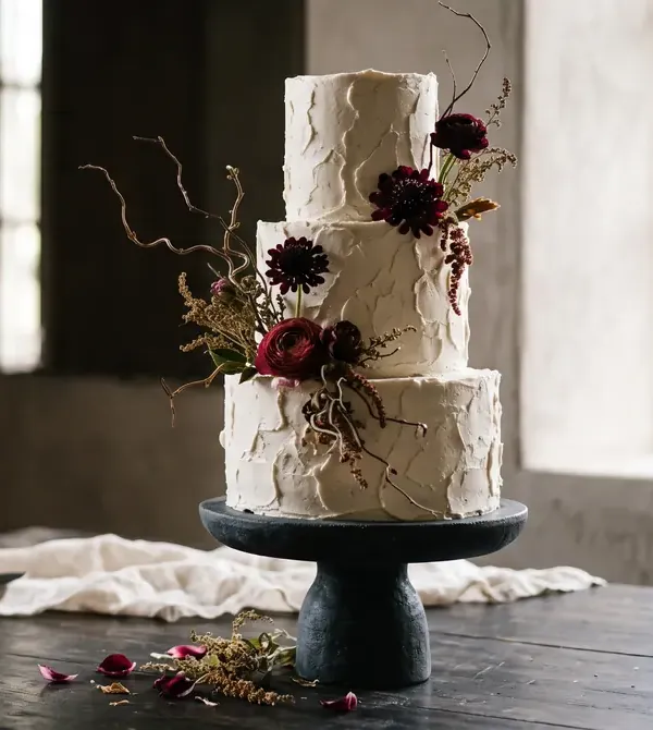 Mehrstöckige Hochzeitstorte mit texturiertem weißen Fondant und Trockenblumen