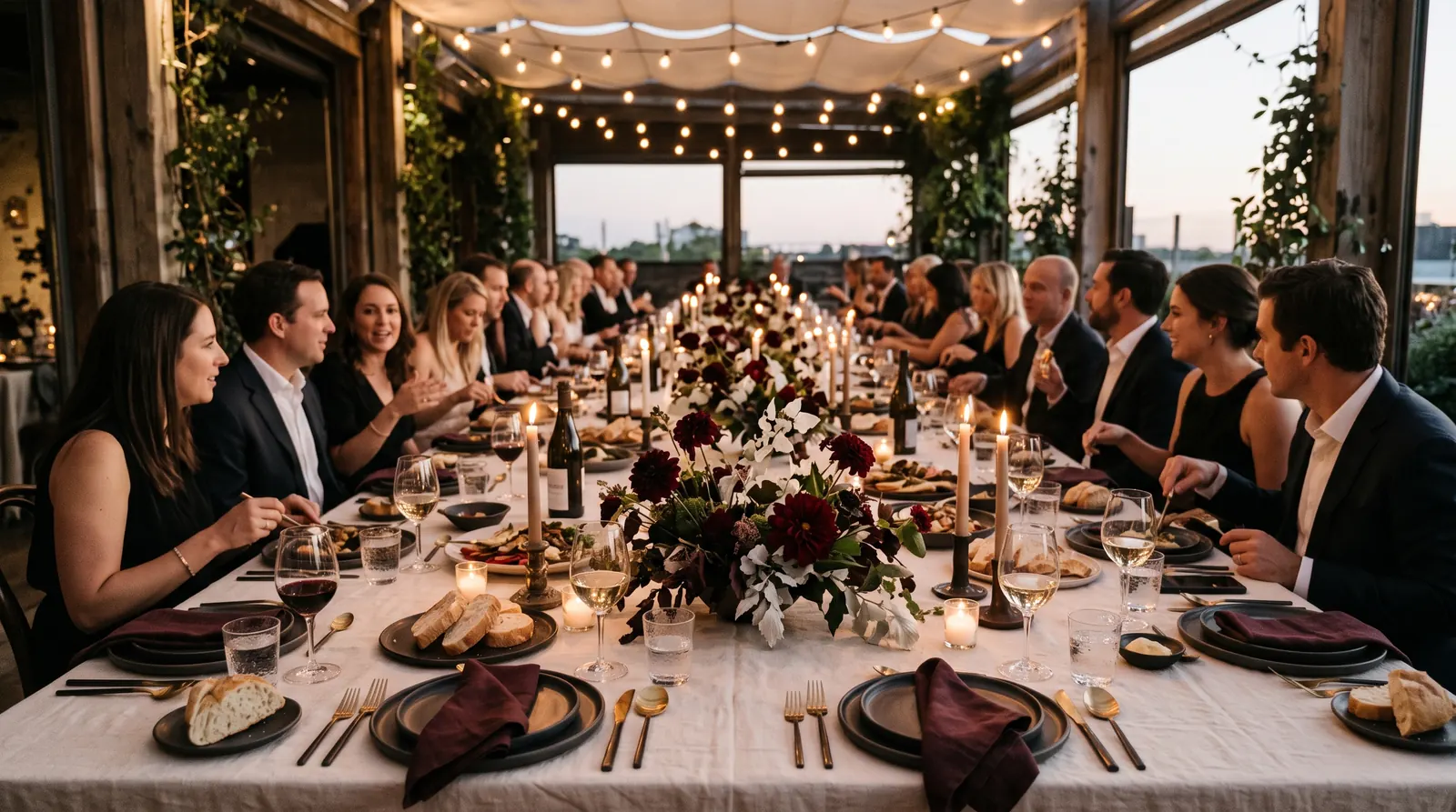 Elegantes Jubiläums-Dinner an langer Tafel mit Gästen im Gespräch, Ambient-Beleuchtung