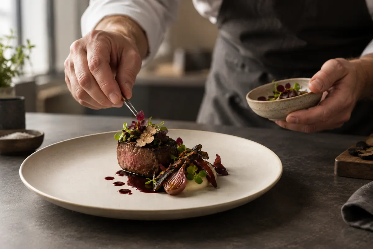 Koch richtet ein Gourmet-Gericht mit der Pinzette an