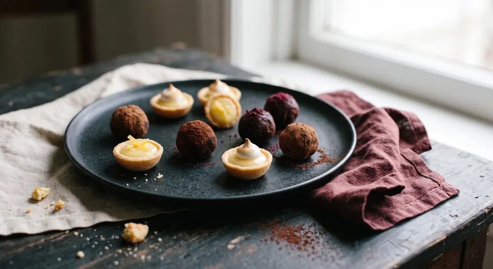 Petit Fours: Zitronen-Tartelettes und Schokoladen-Trüffel