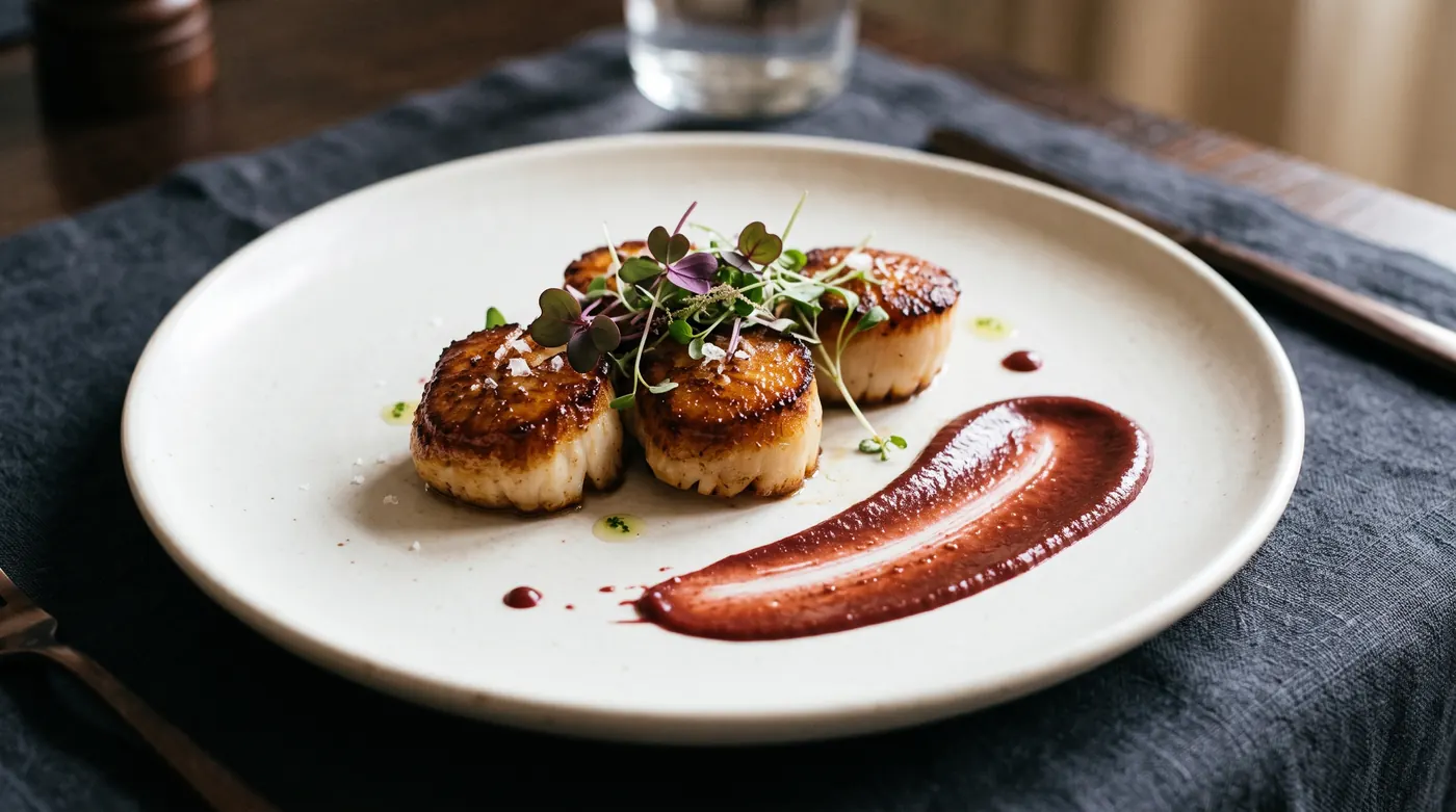 Fine-Dining-Gericht mit gebratenen Jakobsmuscheln, Microgreens und Saucen-Swoosh
