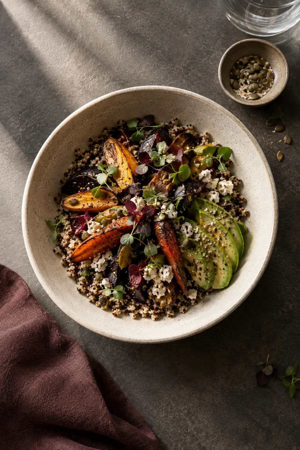 Wellness Bowl mit Quinoa, geröstetem Wurzelgemüse und Avocado